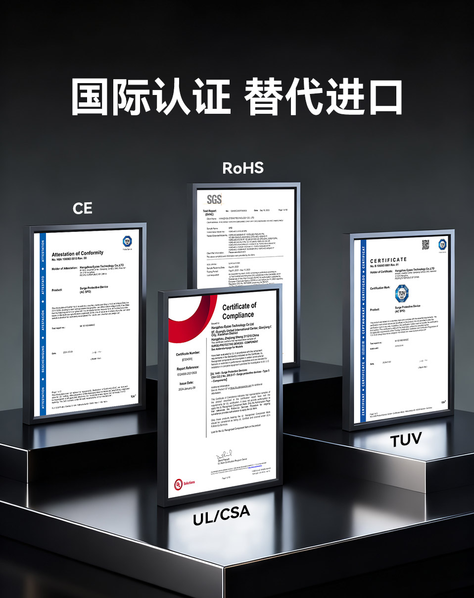 12.5/15kA一级浪涌保护器拥有UL、CSA、TUV、CE、CQC、RoHS等国际认证