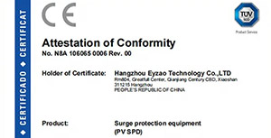 新能源防雷器通过TUV & CE认证-为电气设备安全多一份保障--易造防雷